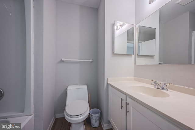 full bathroom featuring toilet, shower with separate bathtub, vanity, and wood-type flooring