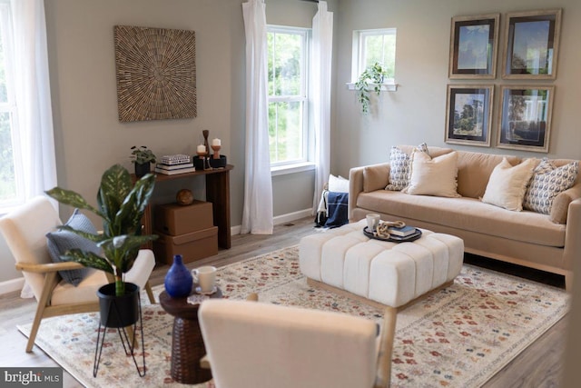 living area with baseboards, plenty of natural light, and wood finished floors