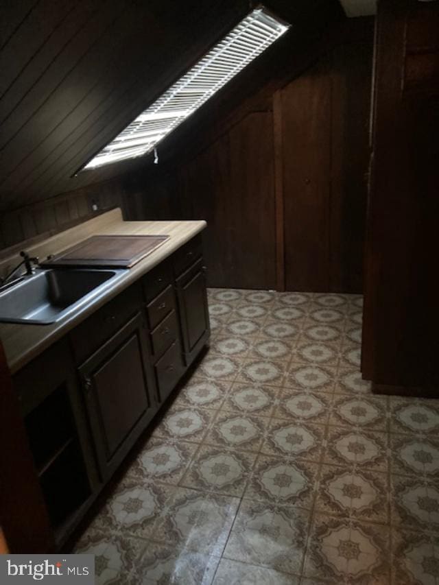 kitchen featuring wooden walls, sink, and dark brown cabinetry