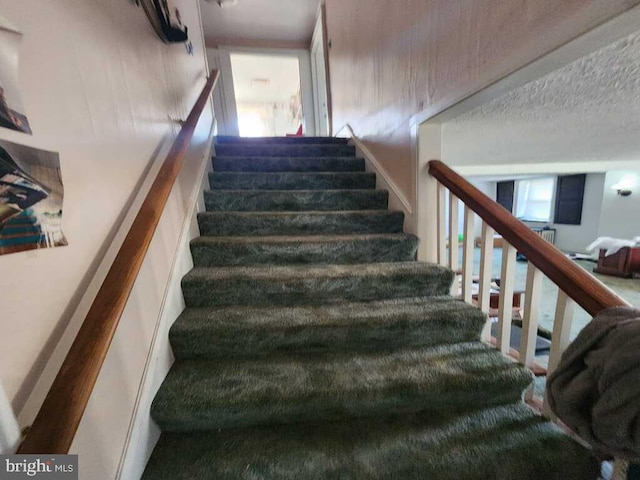 staircase featuring carpet flooring, a healthy amount of sunlight, and a textured ceiling