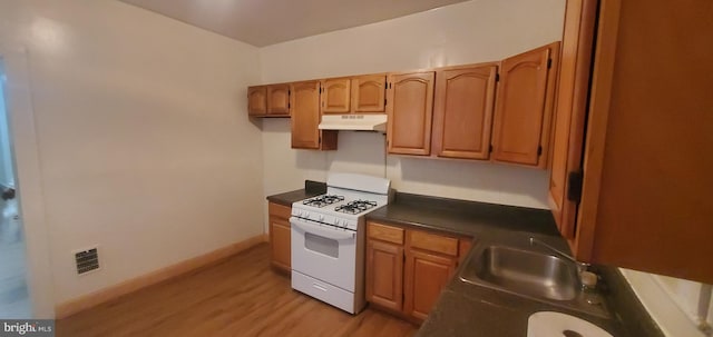 kitchen with sink, light hardwood / wood-style flooring, and white range with gas cooktop