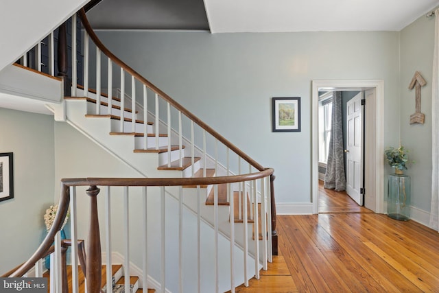 staircase with hardwood / wood-style flooring