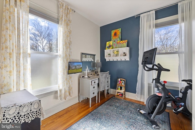 workout area featuring hardwood / wood-style floors