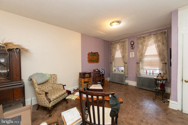 living area featuring radiator heating unit and a textured ceiling