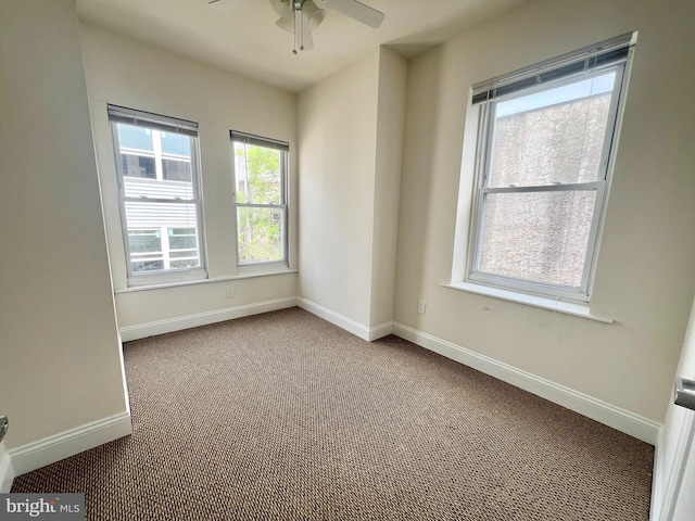 carpeted empty room featuring ceiling fan and a wealth of natural light