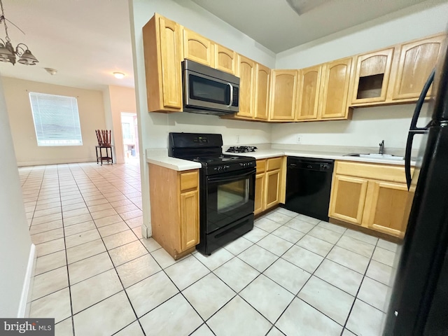 kitchen with sink, black appliances, light tile patterned flooring, a notable chandelier, and light brown cabinetry