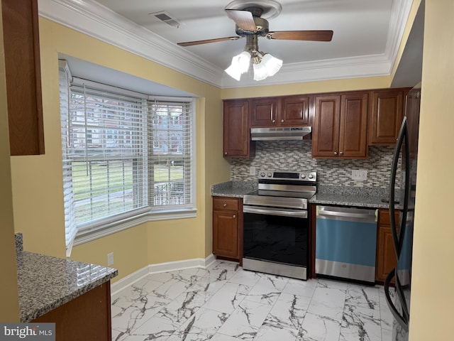 kitchen with stone counters, crown molding, ceiling fan, tasteful backsplash, and stainless steel appliances