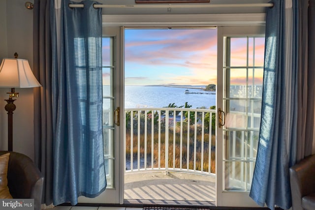 entryway with french doors and a water view