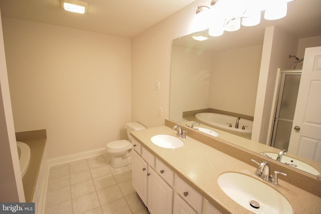 full bathroom with toilet, tile patterned flooring, shower with separate bathtub, and vanity