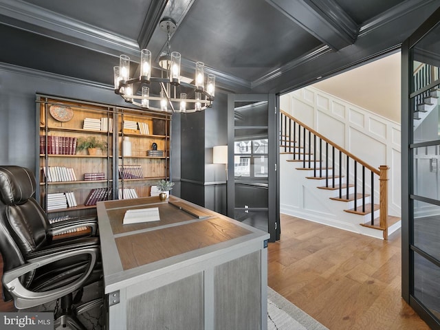 home office featuring hardwood / wood-style floors, crown molding, beam ceiling, and an inviting chandelier