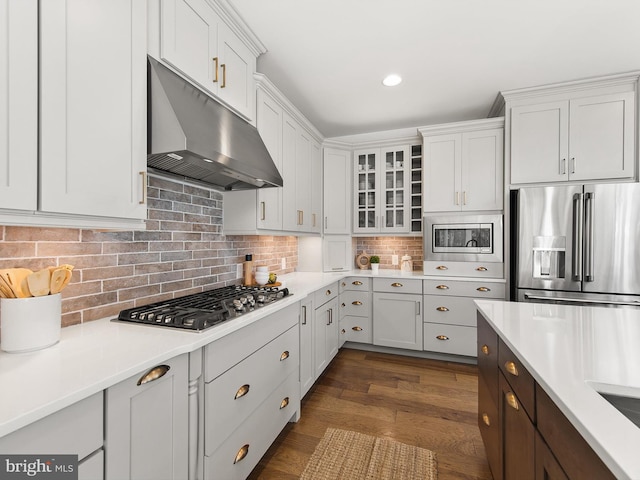 kitchen with white cabinets, decorative backsplash, stainless steel appliances, and dark hardwood / wood-style floors