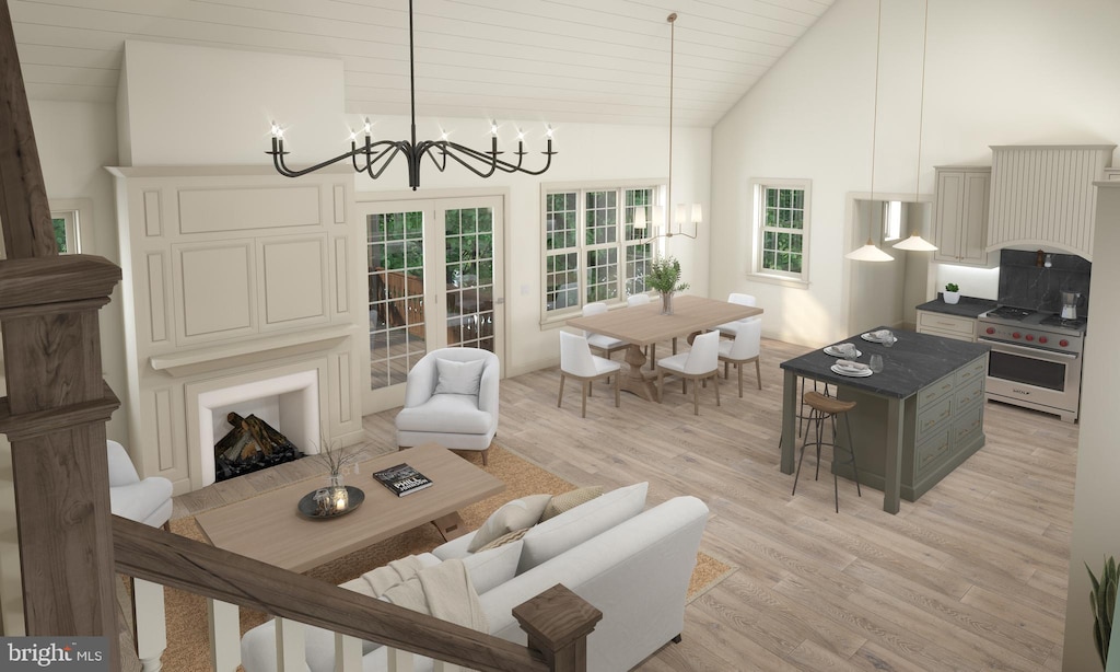 living room featuring light hardwood / wood-style flooring, a chandelier, high vaulted ceiling, and wooden ceiling