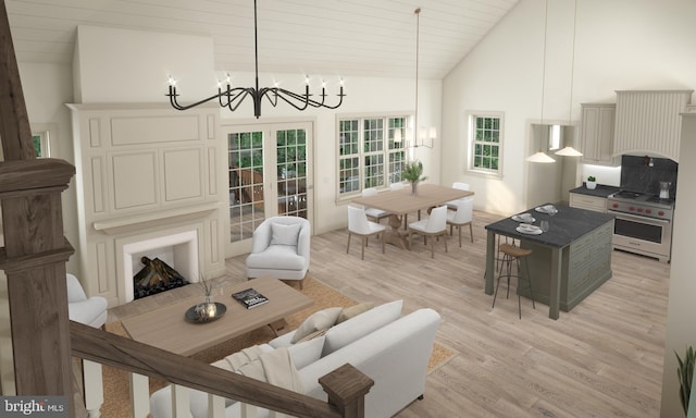 living room featuring light hardwood / wood-style flooring, a chandelier, high vaulted ceiling, and wooden ceiling