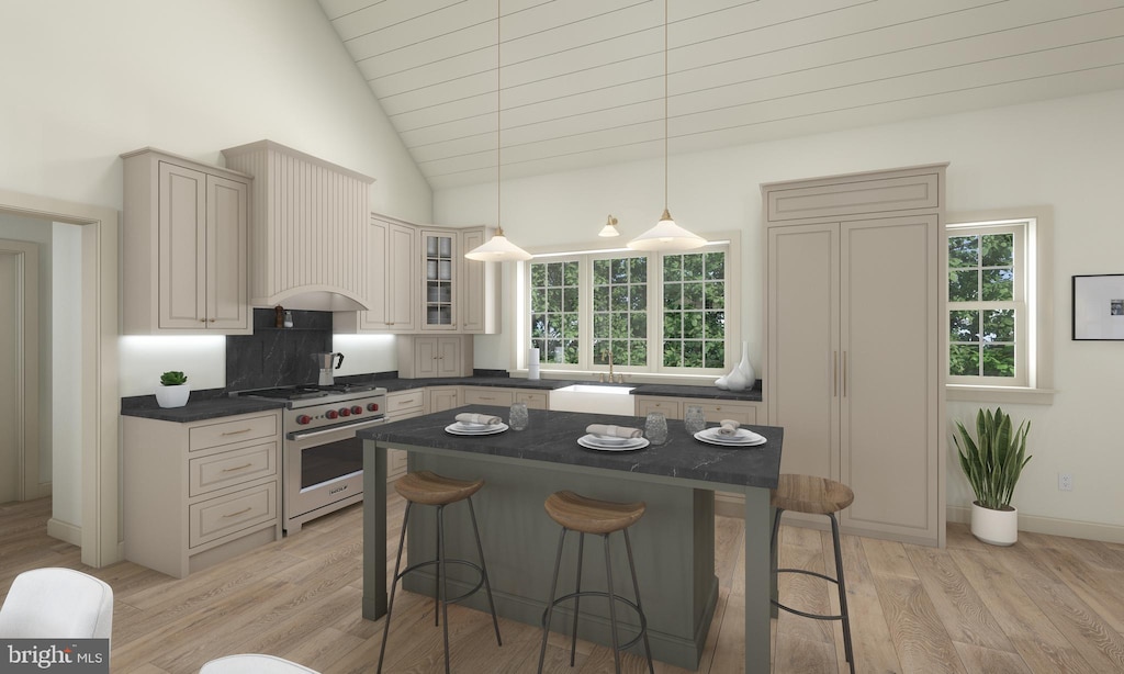 kitchen with a breakfast bar area, decorative light fixtures, light wood-type flooring, premium stove, and high vaulted ceiling