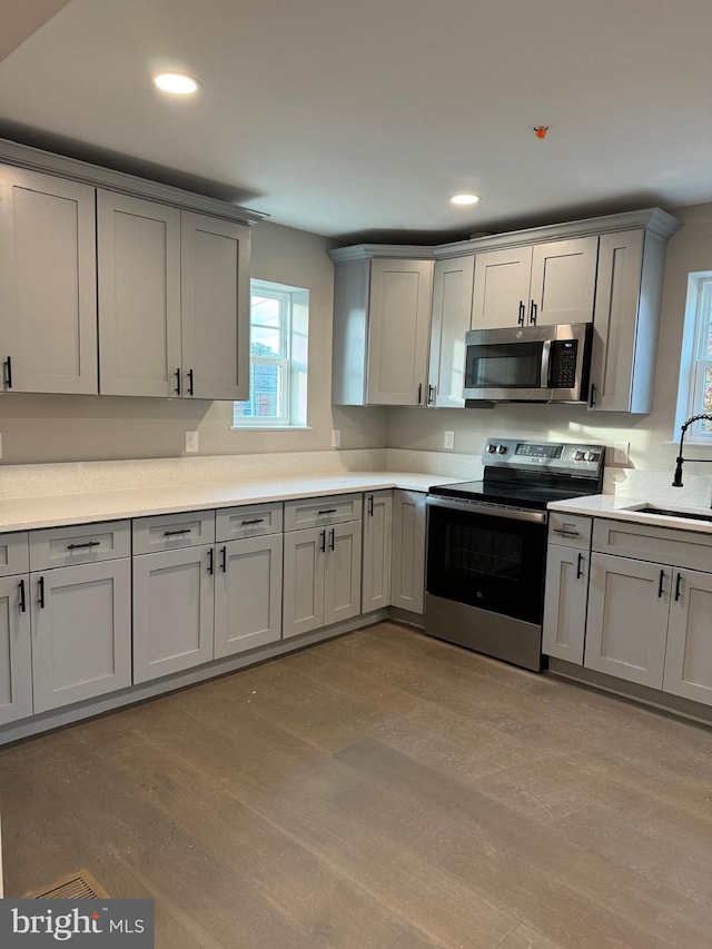 kitchen featuring light hardwood / wood-style flooring, sink, gray cabinets, and stainless steel appliances