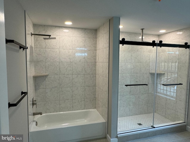 bathroom with plus walk in shower and tile patterned floors