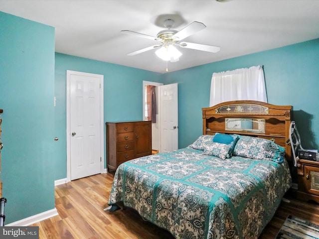 bedroom with ceiling fan and wood-type flooring