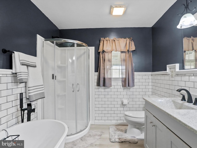 bathroom featuring toilet, vanity, tile walls, and walk in shower