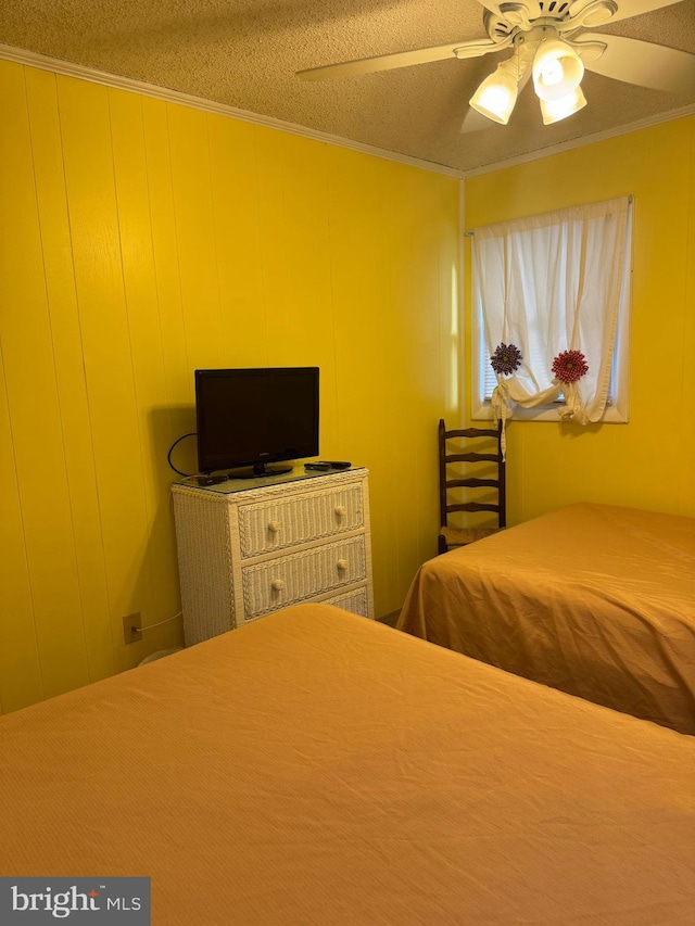 unfurnished bedroom featuring ceiling fan, ornamental molding, and a textured ceiling