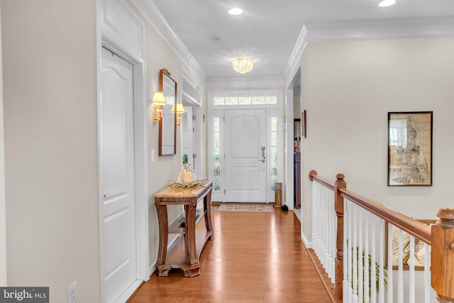 entrance foyer featuring a wealth of natural light, light hardwood / wood-style floors, and ornamental molding