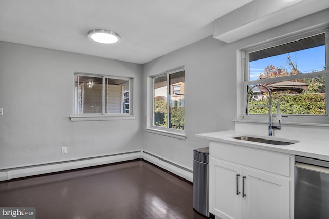 kitchen with white cabinets, a healthy amount of sunlight, sink, and dark wood-type flooring