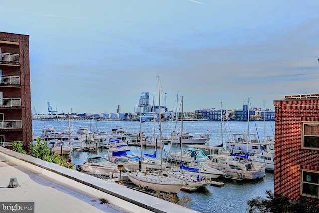 property view of water with a dock