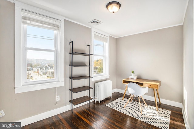 office featuring radiator heating unit, dark wood-type flooring, and crown molding