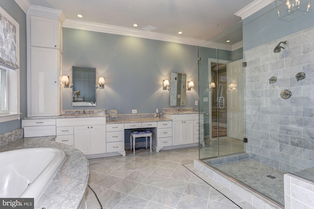 bathroom featuring vanity, ornamental molding, and independent shower and bath