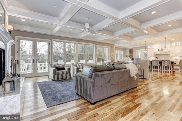 living room featuring ceiling fan, a healthy amount of sunlight, light wood-type flooring, and french doors