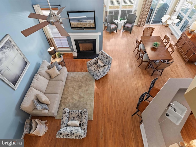 living room with hardwood / wood-style flooring and ceiling fan