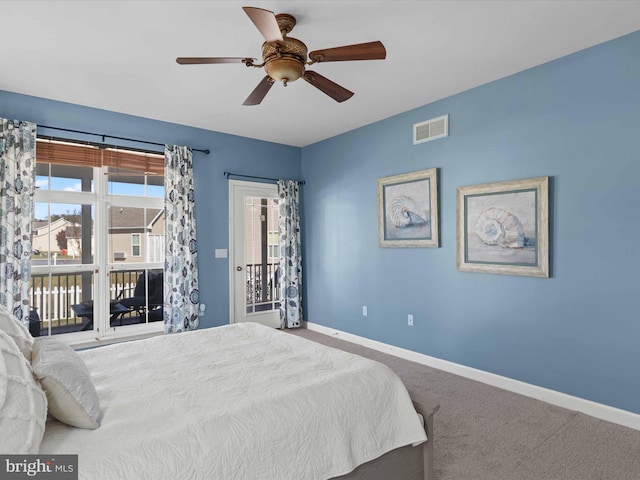 bedroom featuring access to outside, ceiling fan, and carpet floors