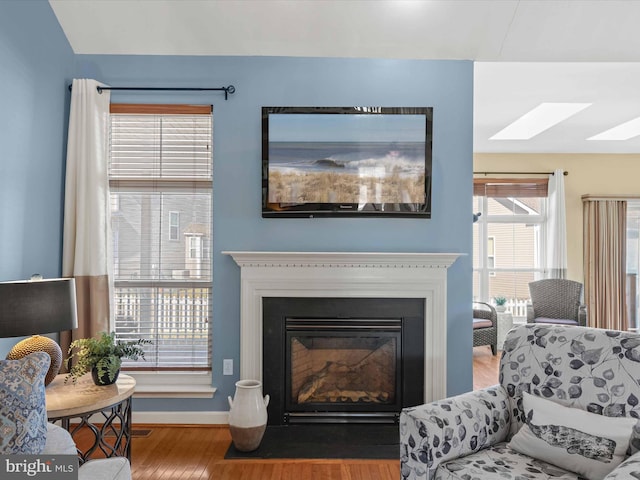 sitting room with wood-type flooring and a skylight