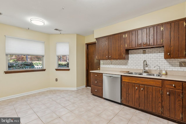 kitchen with stainless steel dishwasher, sink, and decorative backsplash