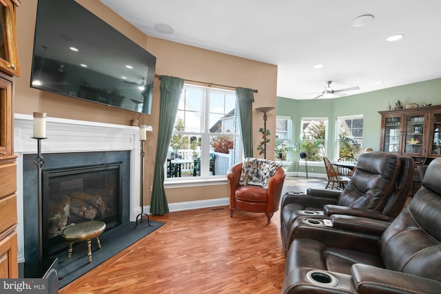 living room featuring ceiling fan and hardwood / wood-style floors