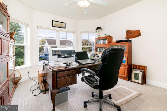 carpeted office featuring ceiling fan