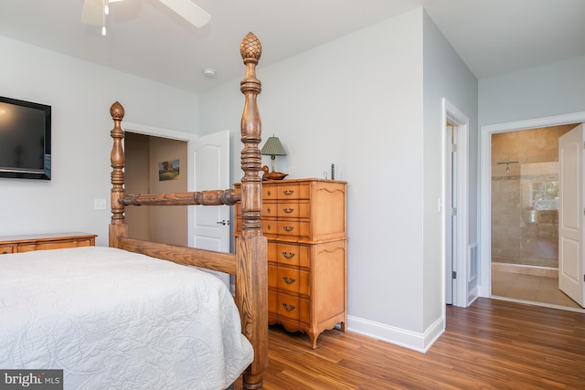 bedroom featuring ensuite bath, wood-type flooring, and ceiling fan