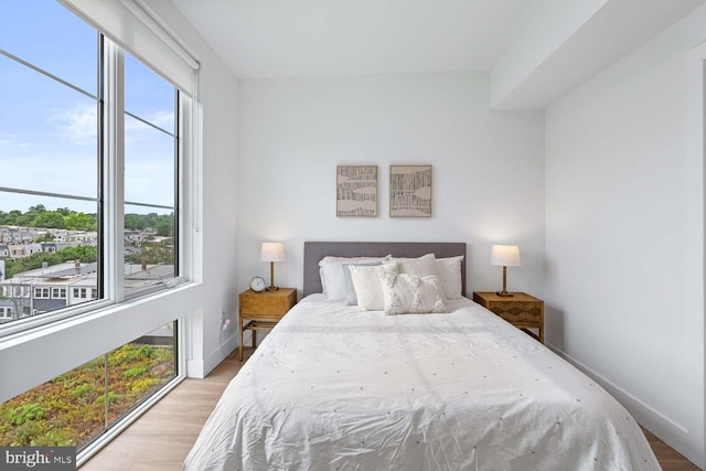 bedroom with multiple windows and light hardwood / wood-style floors