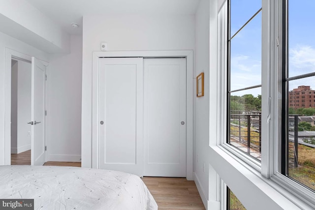 bedroom featuring a closet and light hardwood / wood-style flooring