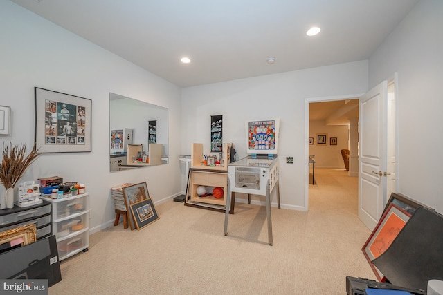 home office featuring light colored carpet