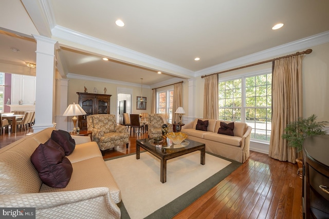 living room with hardwood / wood-style floors, decorative columns, and crown molding