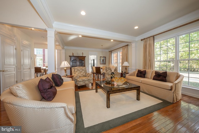 living room featuring dark hardwood / wood-style floors, crown molding, and decorative columns