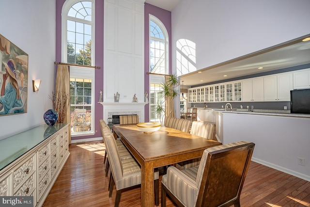 dining space featuring a large fireplace, a healthy amount of sunlight, and a high ceiling