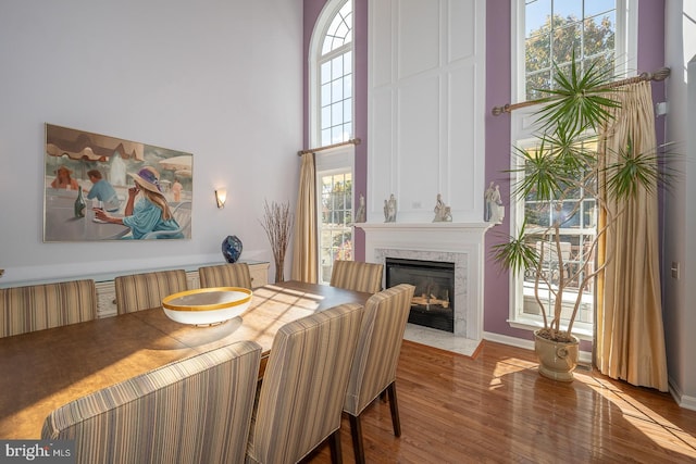 dining room with hardwood / wood-style flooring and a premium fireplace