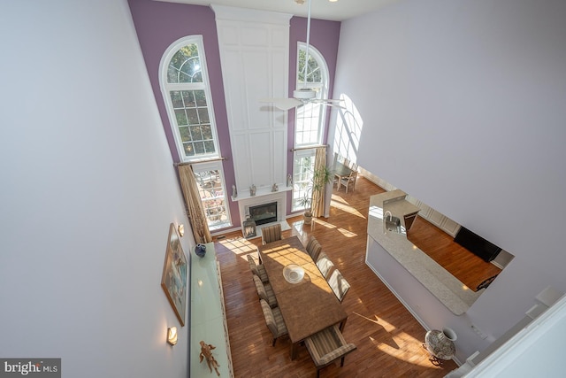 living room featuring hardwood / wood-style floors and a towering ceiling