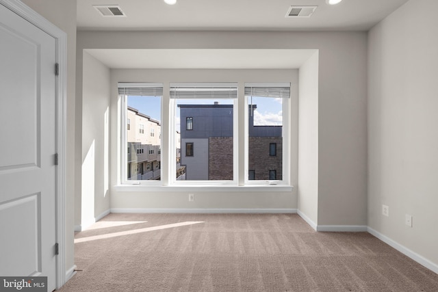 spare room with a wealth of natural light and light carpet