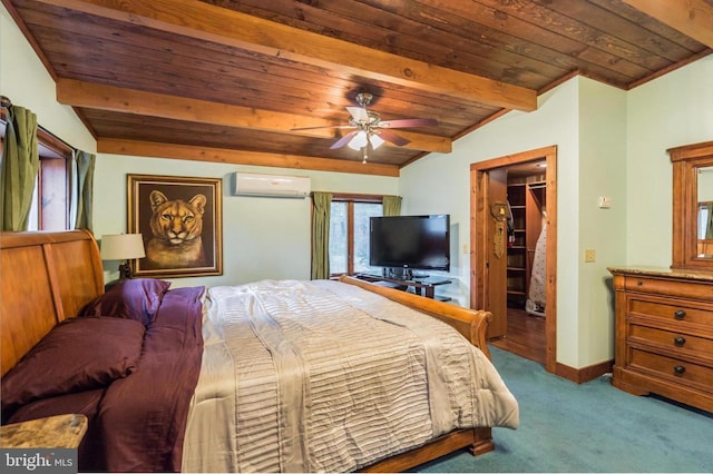 29 Boulder Rd, Upper Black Eddy, PA 18972 - bedroom with wood ceiling, a wall mounted air conditioner, lofted ceiling with beams, carpet floors, and a spacious closet