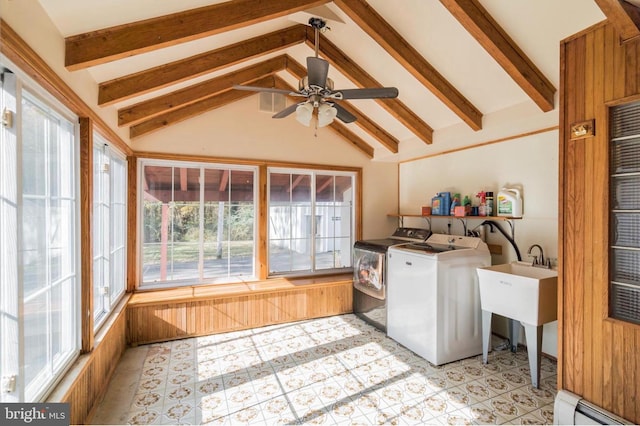 laundry area with independent washer and dryer, baseboard heating, and ceiling fan