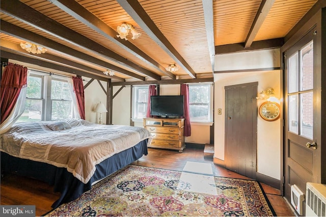 bedroom featuring wood ceiling, hardwood / wood-style flooring, and beamed ceiling