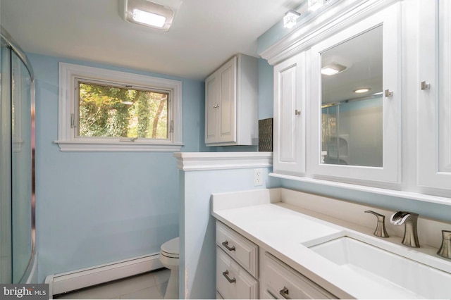 bathroom featuring a shower with door, toilet, tile patterned flooring, baseboard heating, and vanity