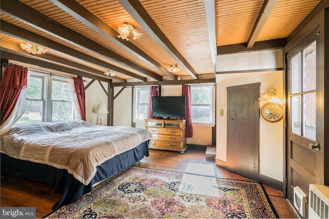 29 Boulder Rd, Upper Black Eddy, PA 18972 - bedroom featuring hardwood / wood-style flooring, wood ceiling, radiator heating unit, and beam ceiling